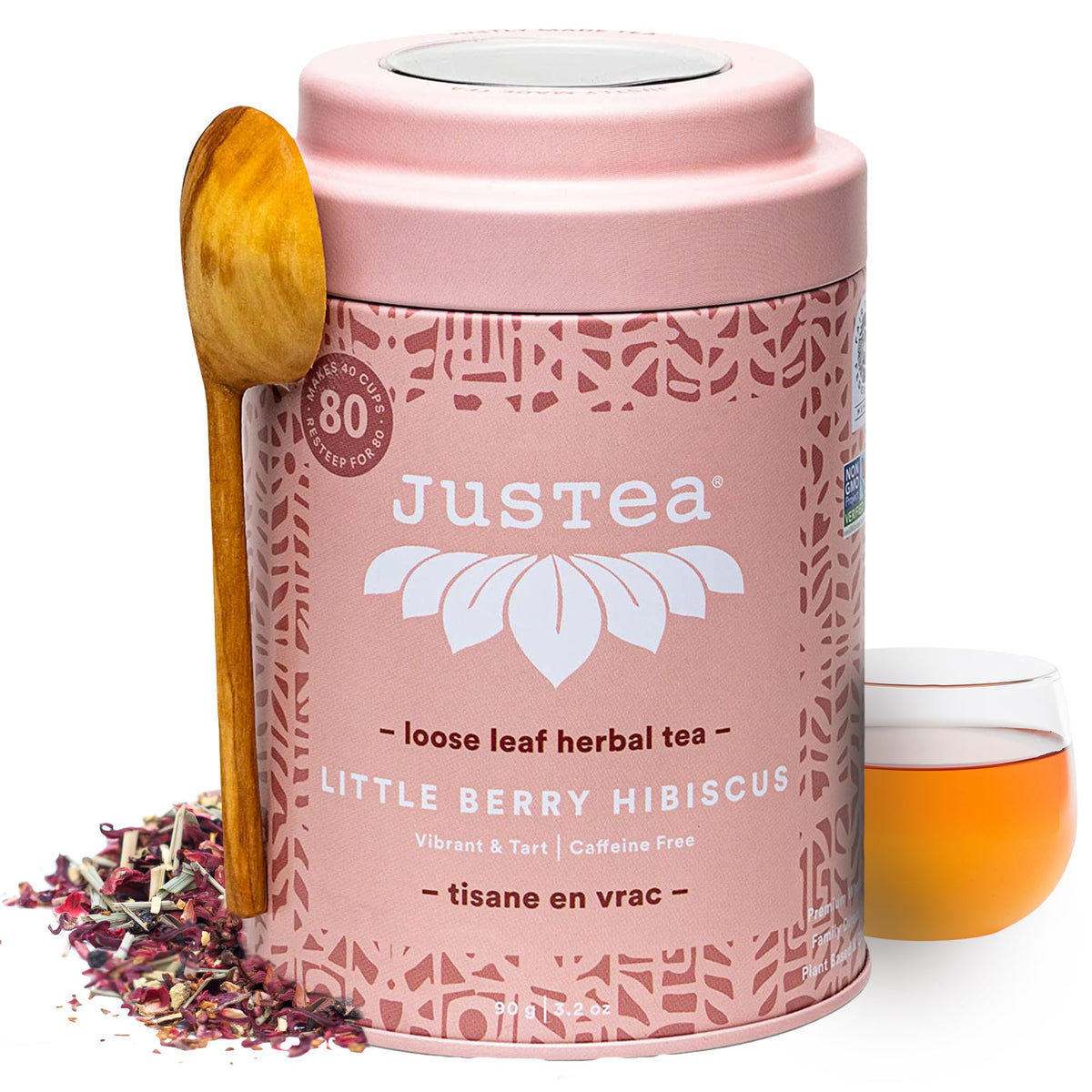 JusTea Little Berry Hibiscus tea tin showing vibrant flavors for refreshing cups