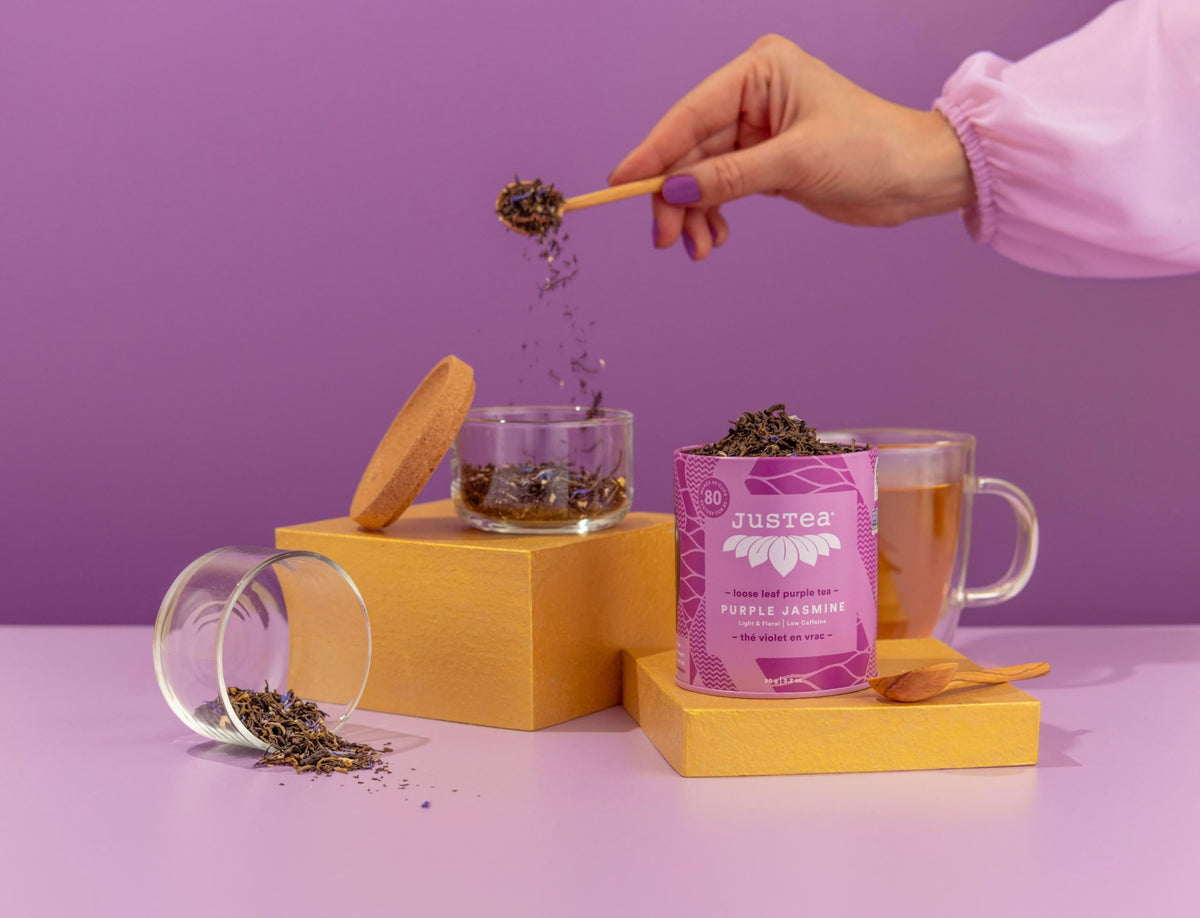 Low caffeine JusTea Purple Jasmine label for versatile sipping