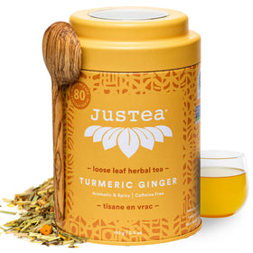 JusTea turmeric-ginger loose-leaf tea tin for convenient brewing