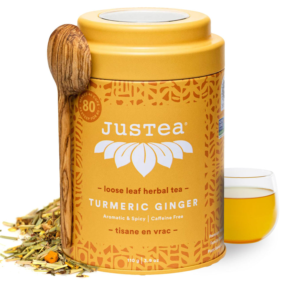 JusTea turmeric-ginger loose-leaf tea tin for convenient brewing