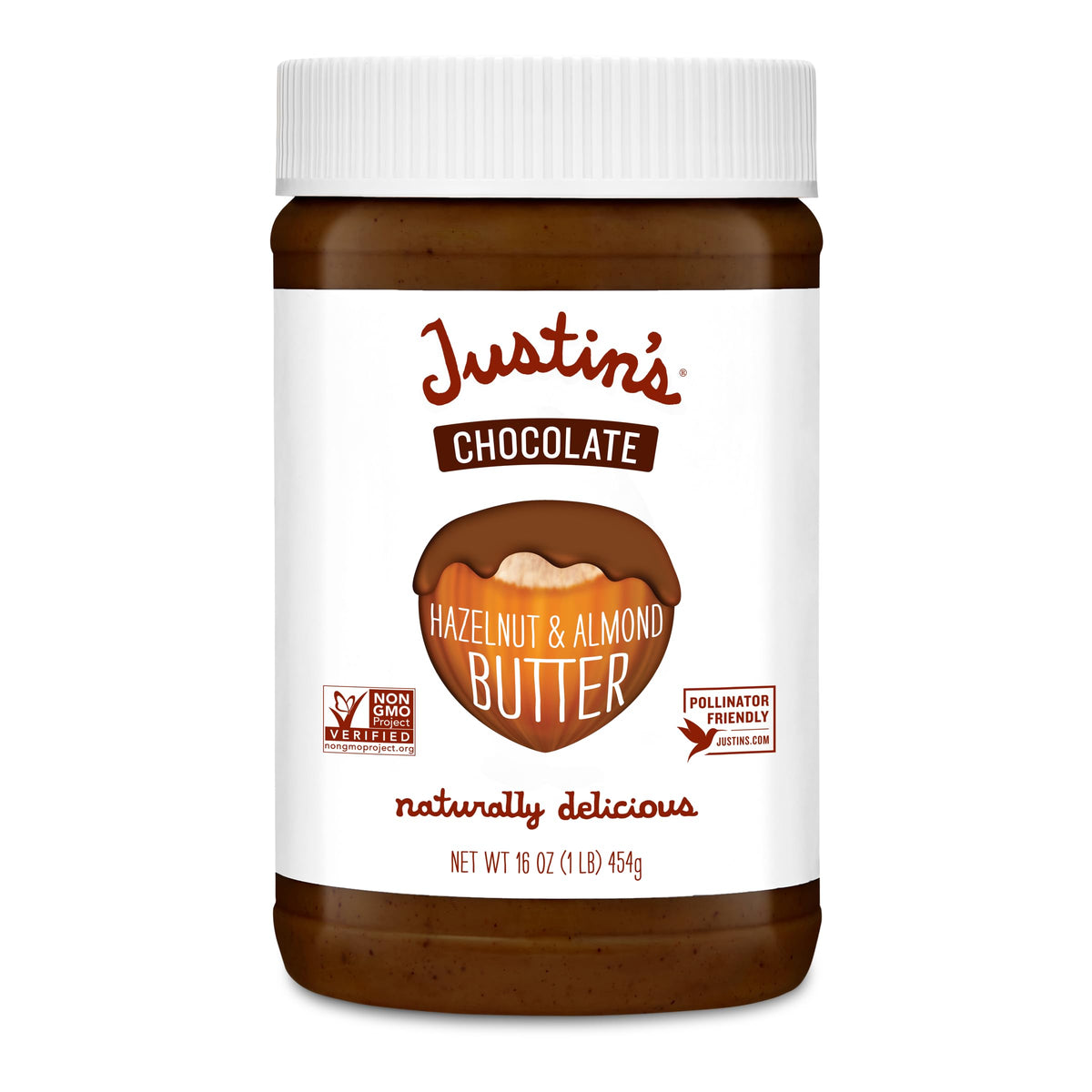 Justin's Chocolate Hazelnut and Almond Butter jar front, ideal for spreading on toast.