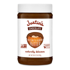 Justin's Chocolate Hazelnut and Almond Butter jar front, ideal for spreading on toast.