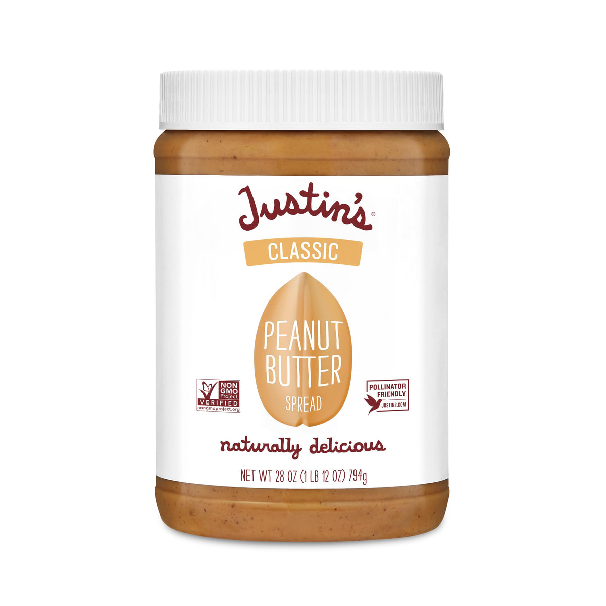 Justin's Classic Peanut Butter jar (28 oz) with creamy spread for easy spreading