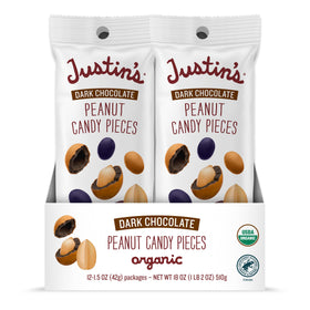 Justin's dark chocolate peanut candy pieces 12-pack front view, convenient on-the-go snack