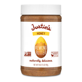 Justin's Honey Almond Butter jar with smooth texture ideal for protein-rich snacks.
