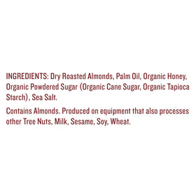 Justin's Honey Almond Butter label close-up highlighting protein and non-GMO promise.