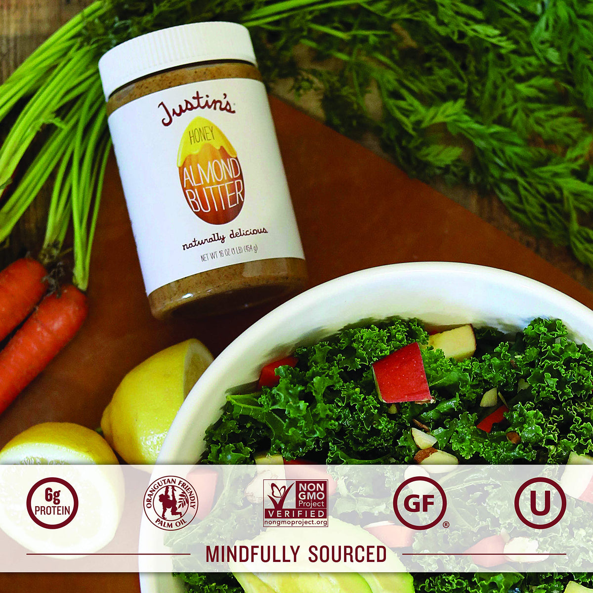 Justin's Honey Almond Butter spread on toast shows creamy texture and clean ingredients.