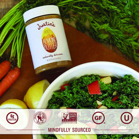 Justin's Honey Almond Butter spread on toast shows creamy texture and clean ingredients.