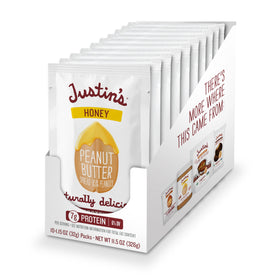 Justin's Honey Peanut Butter Squeeze Pack front view, portable high-protein snack