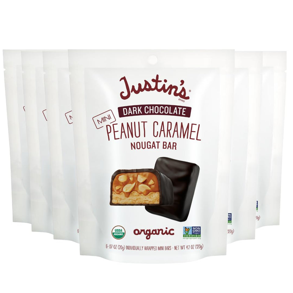 Justin's mini dark chocolate peanut caramel nougat bar, single-serve bag for on-the-go snacking
