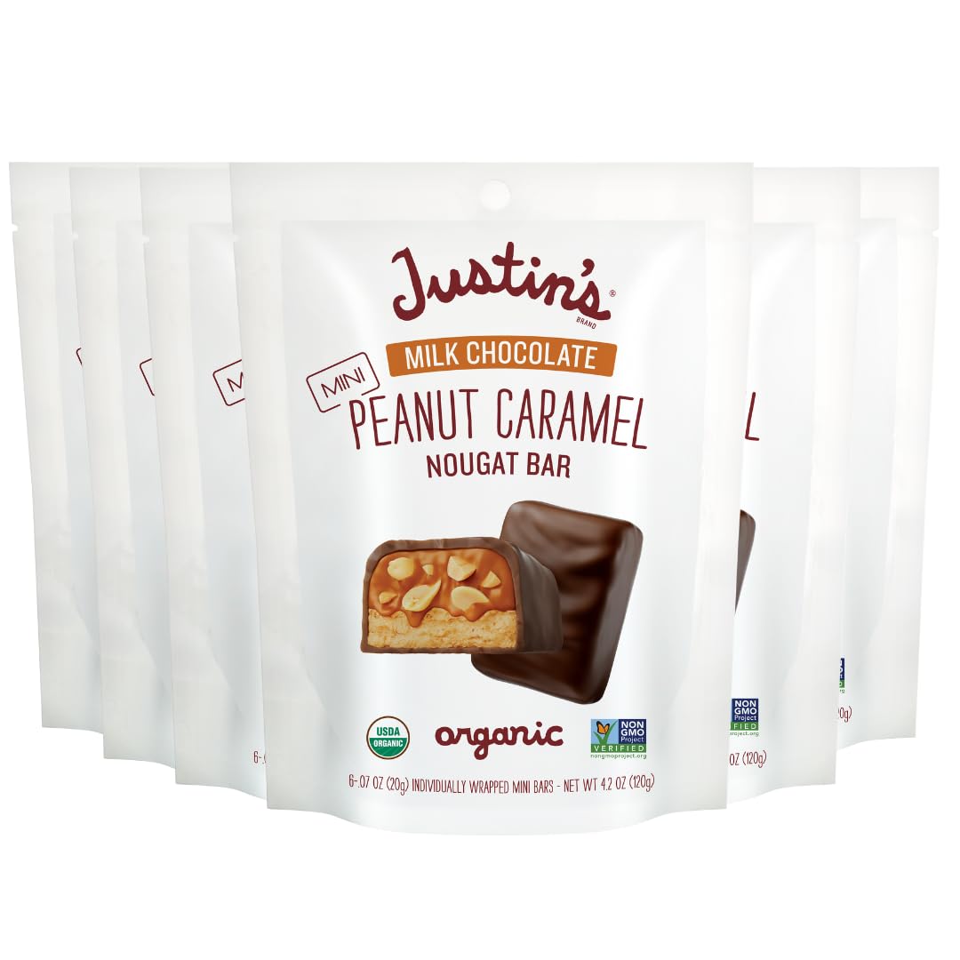 Justin's mini milk chocolate peanut caramel nougat bar pack — convenient organic gluten-free snack option.