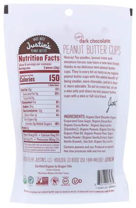 Justin's ingredients scene highlights organic peanuts and cacao for clean flavor.