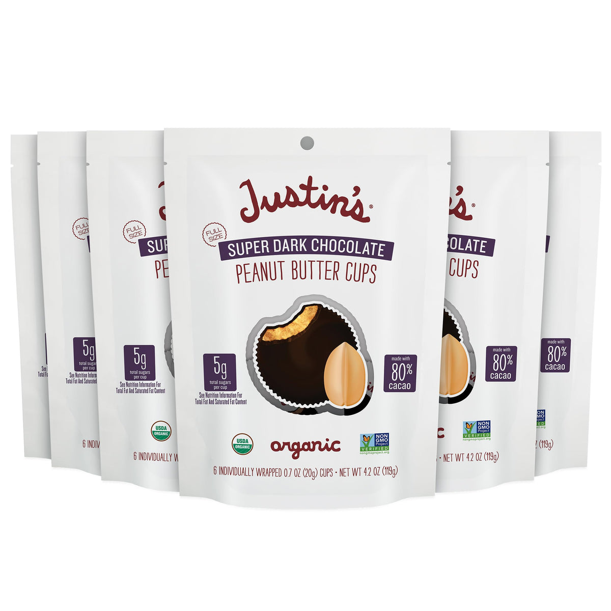 Justin's Super Dark Chocolate Peanut Butter Cups pack shot highlighting the six-pack for on-the-go snacking