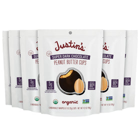 Justin's Super Dark Chocolate Peanut Butter Cups pack shot highlighting the six-pack for on-the-go snacking