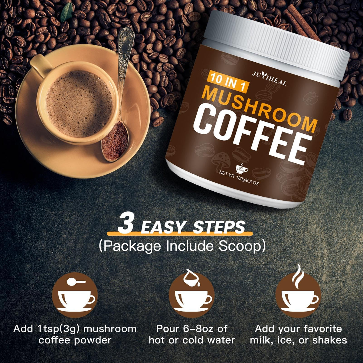 JUYIHEAL Mushroom Coffee 180g pouch ready for everyday wellness ritual.
