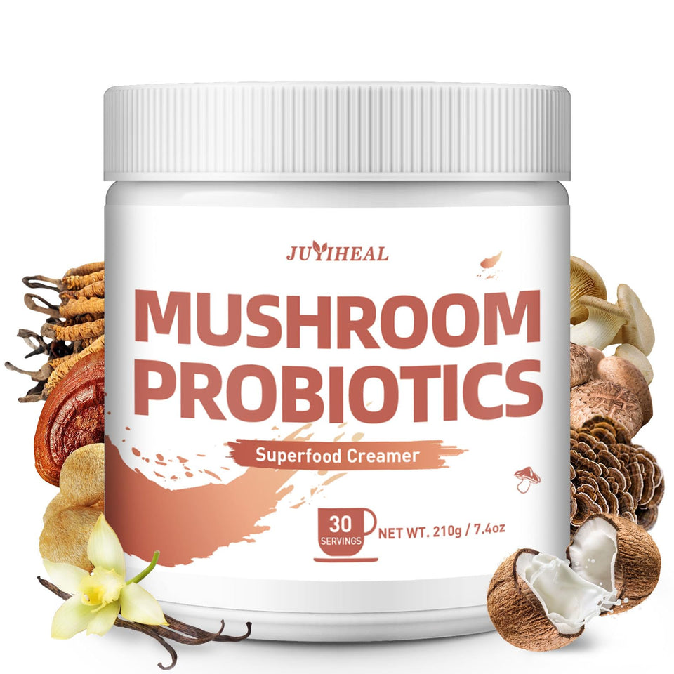 JUYIHEAL mushroom coffee creamer packaging highlights vegan, probiotic blend for daily energy