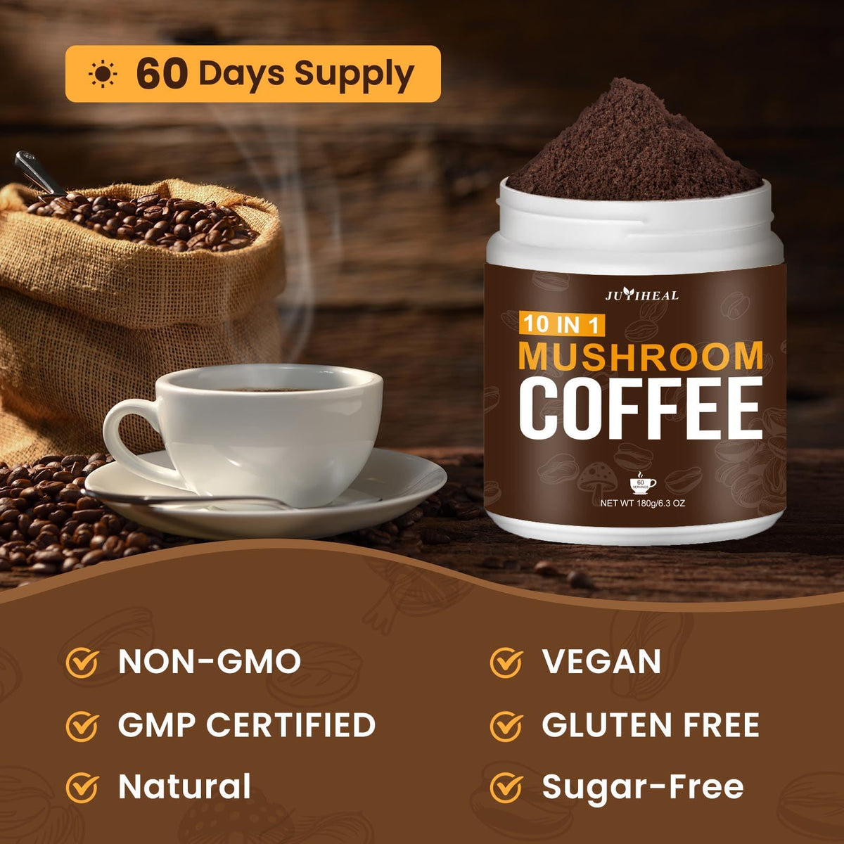 JUYIHEAL Mushroom Coffee hot mug suggesting focused energy.