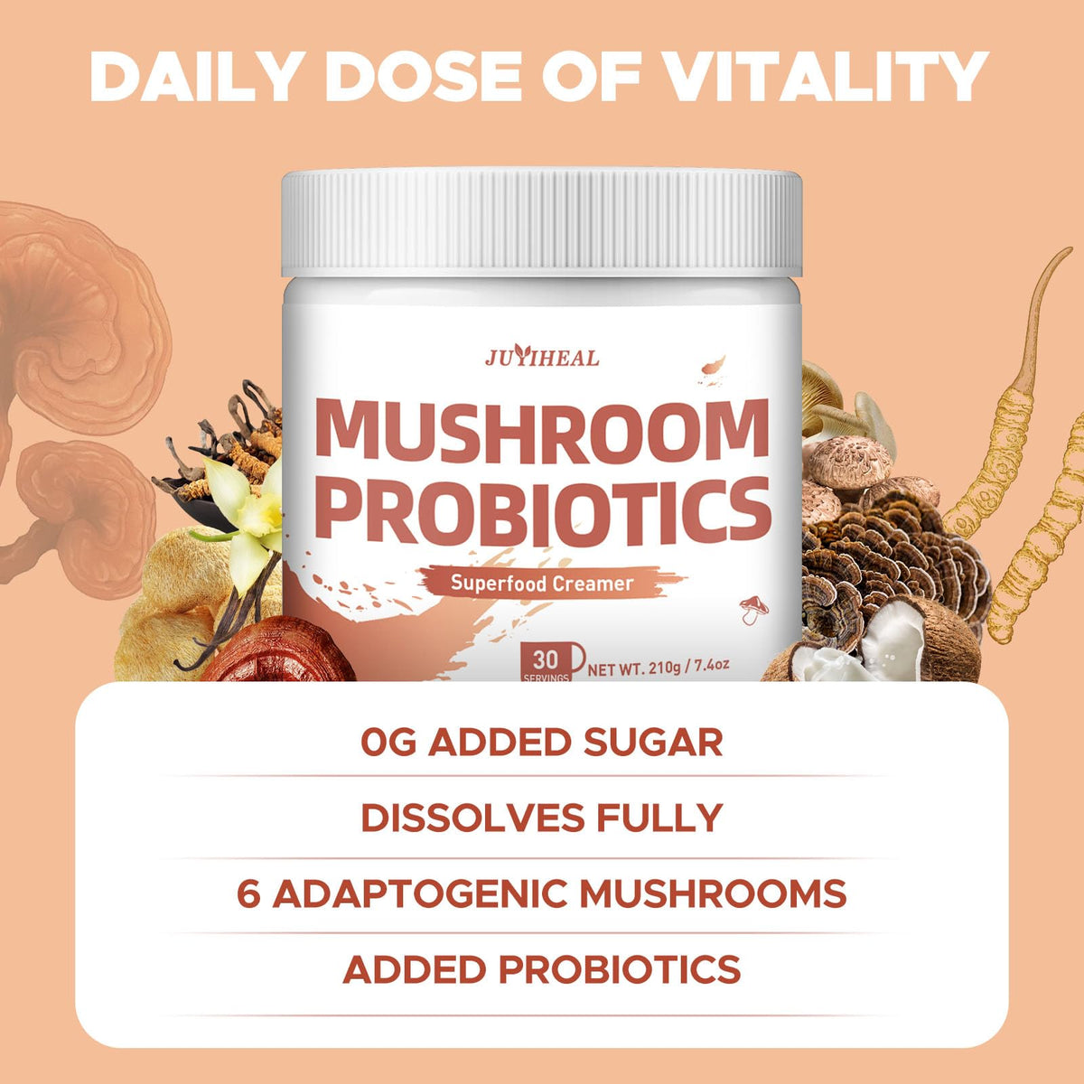 JUYIHEAL six-mushroom blend illustration highlights cordyceps and lion's mane
