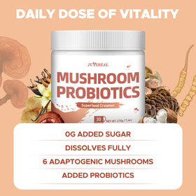 JUYIHEAL six-mushroom blend illustration highlights cordyceps and lion's mane