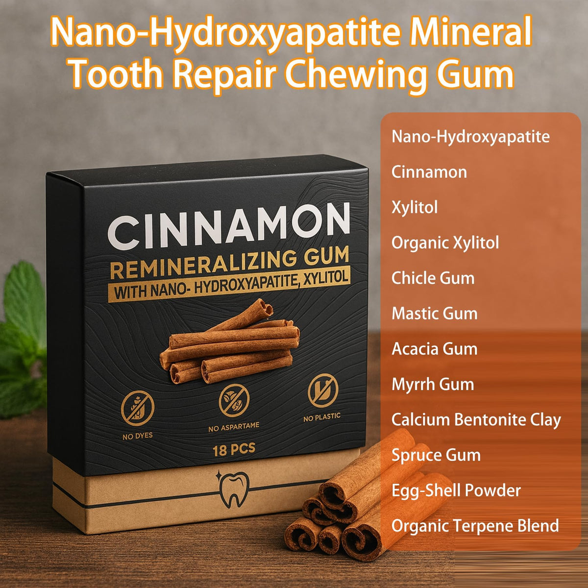 JXSVR Cinnamon gum piece highlighting sugar-free xylitol and cinnamon flavor.
