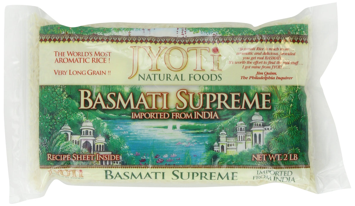 Jyoti Basmati Supreme Rice six-pack display, long grains for fluffy meals