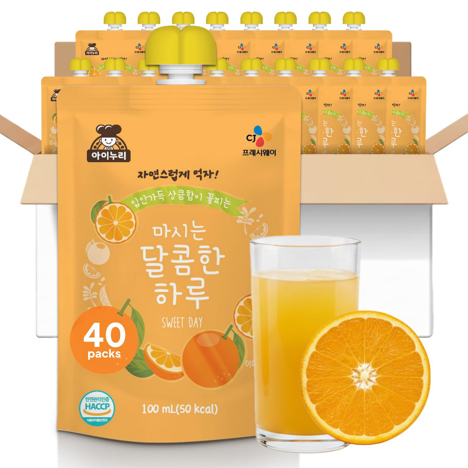 K FOOD CJ Freshway orange-tangerine juice bottle provides a refreshing citrus boost on the go.