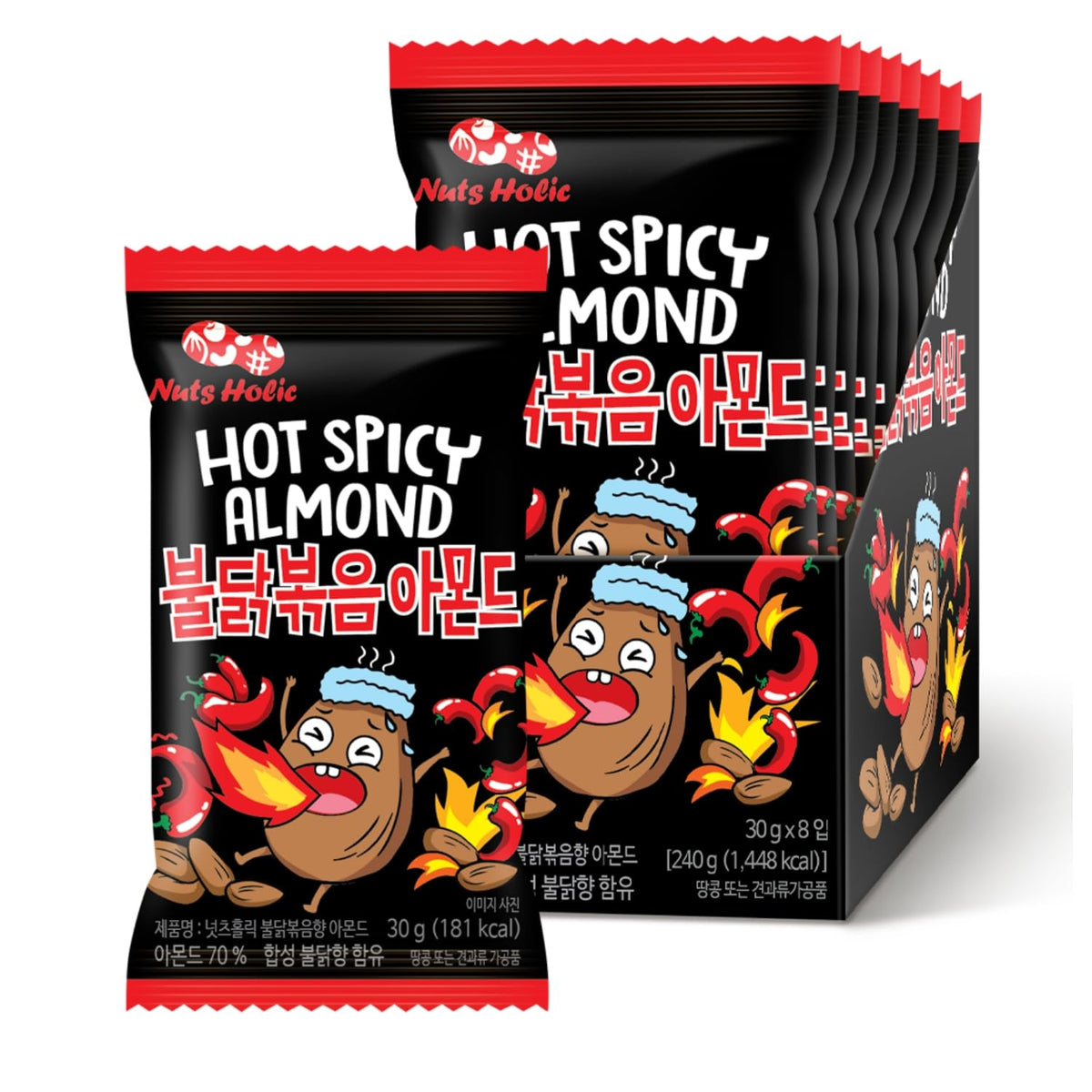 K FOOD KOREAN FOOD Nuts Holic hot and spicy almond 8-pack front view for convenient snacking.