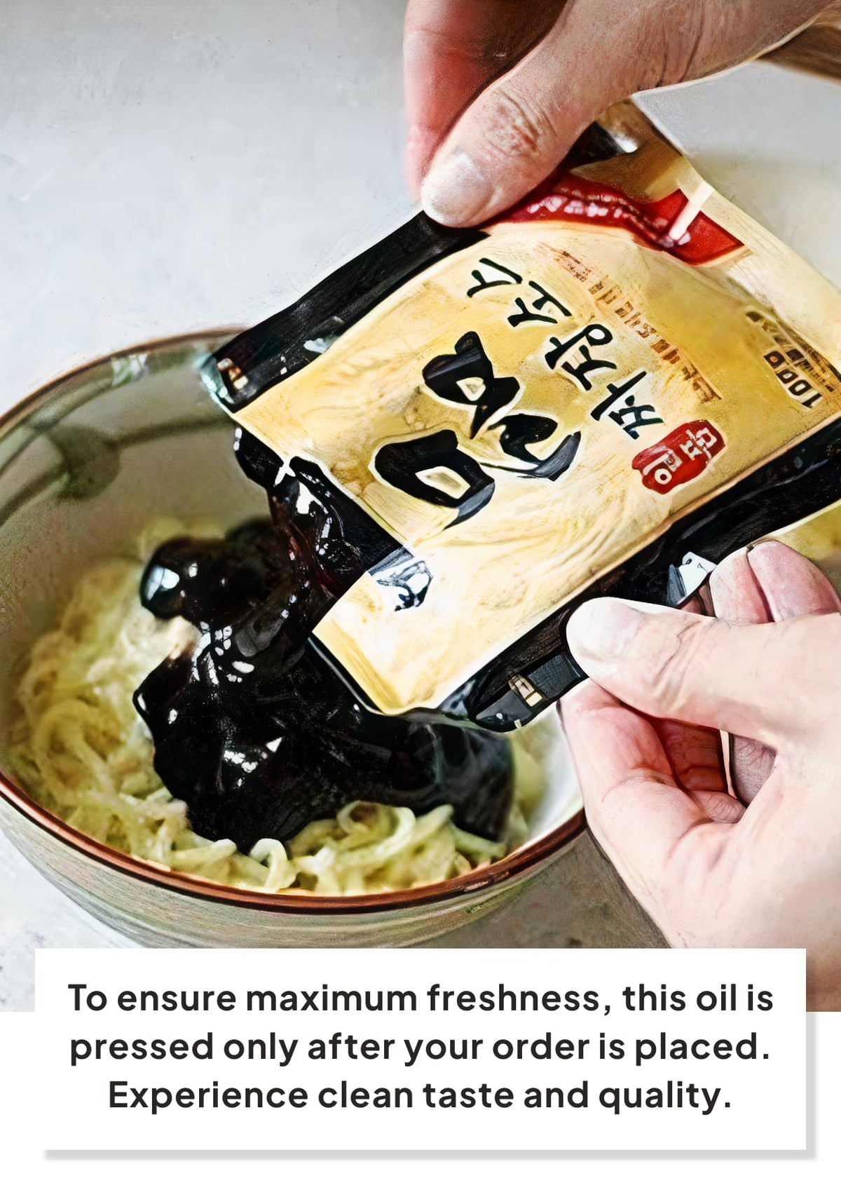 Close-up of Paldo Jjajangmen sauce highlights rich black bean flavor.