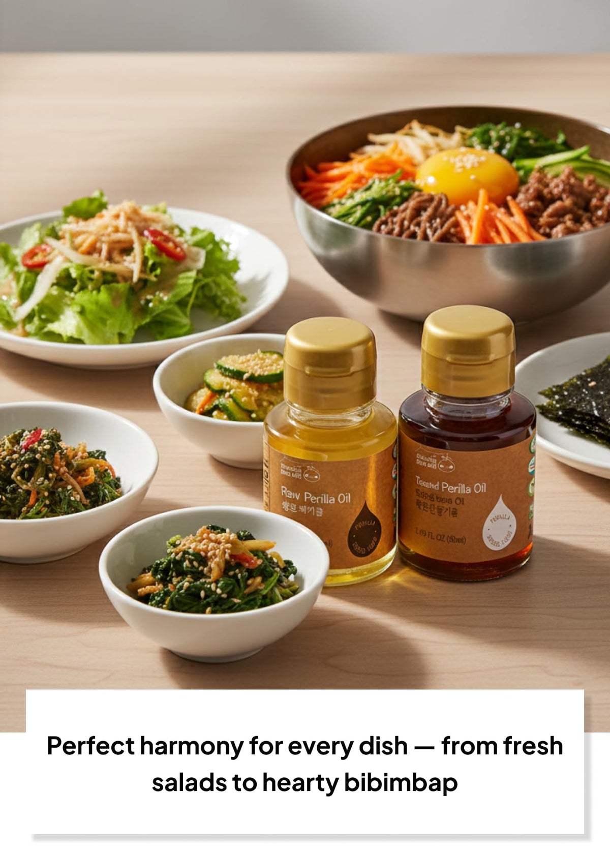 K FOOD Perilla Oil bottle close-up emphasizes cold-pressed quality