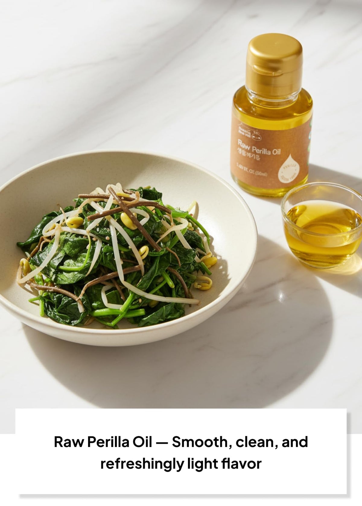 K FOOD Perilla Oil drizzled on salad demonstrates versatility as a dressing option