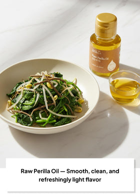 K FOOD Perilla Oil drizzled on salad demonstrates versatility as a dressing option