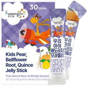 K Food Woongjin Kids pear bellflower quince jelly stick box shows portable, naturally sweet fruit flavor.