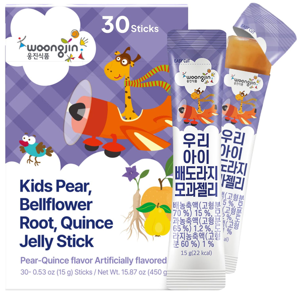 K Food Woongjin Kids pear bellflower quince jelly stick box shows portable, naturally sweet fruit flavor.