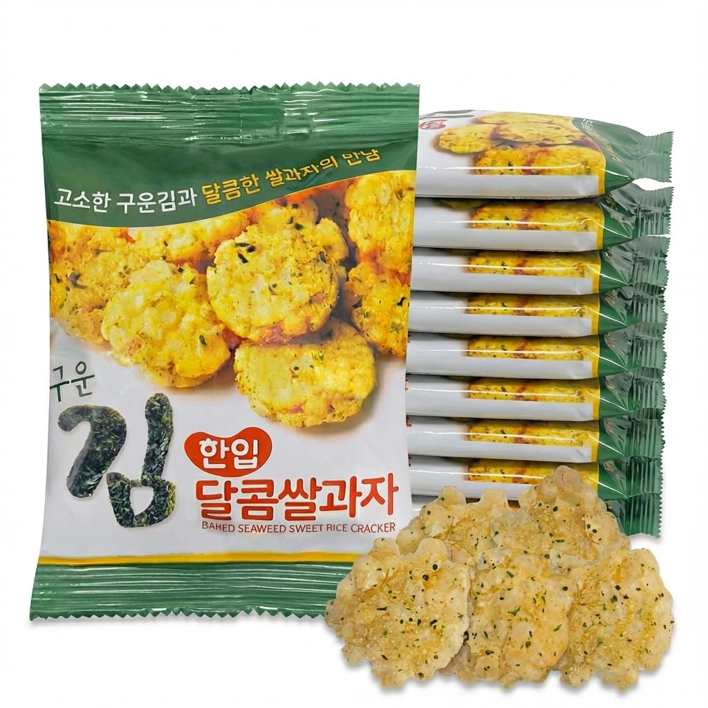 K-Herb baked sweet rice cracker bites with seaweed on a plate, crisp snack.