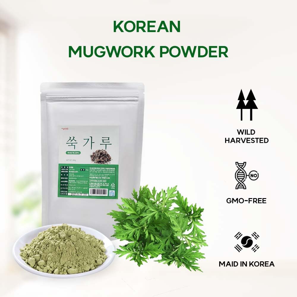 K-Herb mugwort powder with fine texture ideal for smoothies and baking.