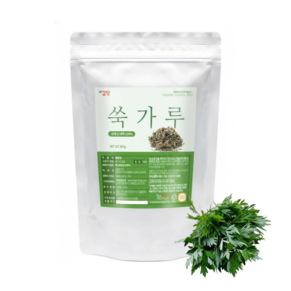 K-Herb Korean mugwort powder in sealed bottle for pure herbal tea and cooking.