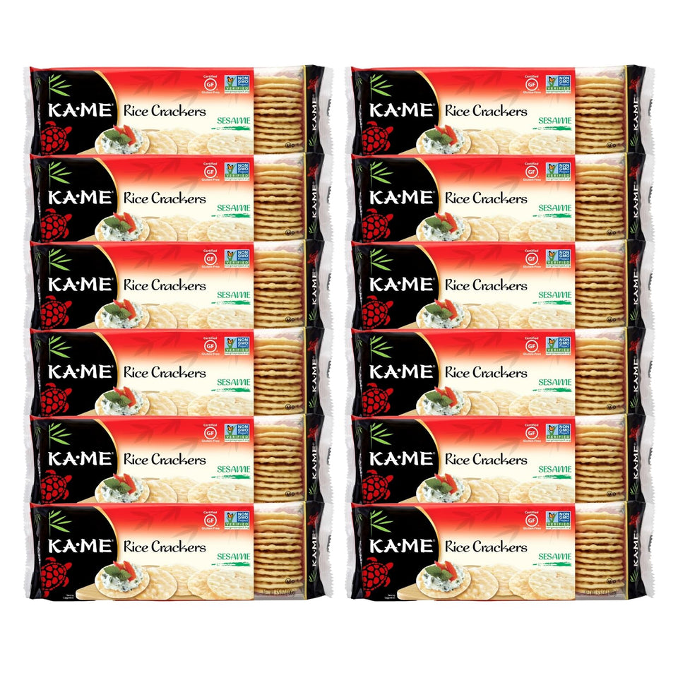 KA-ME sesame rice crackers pack-12 gluten-free snack option.