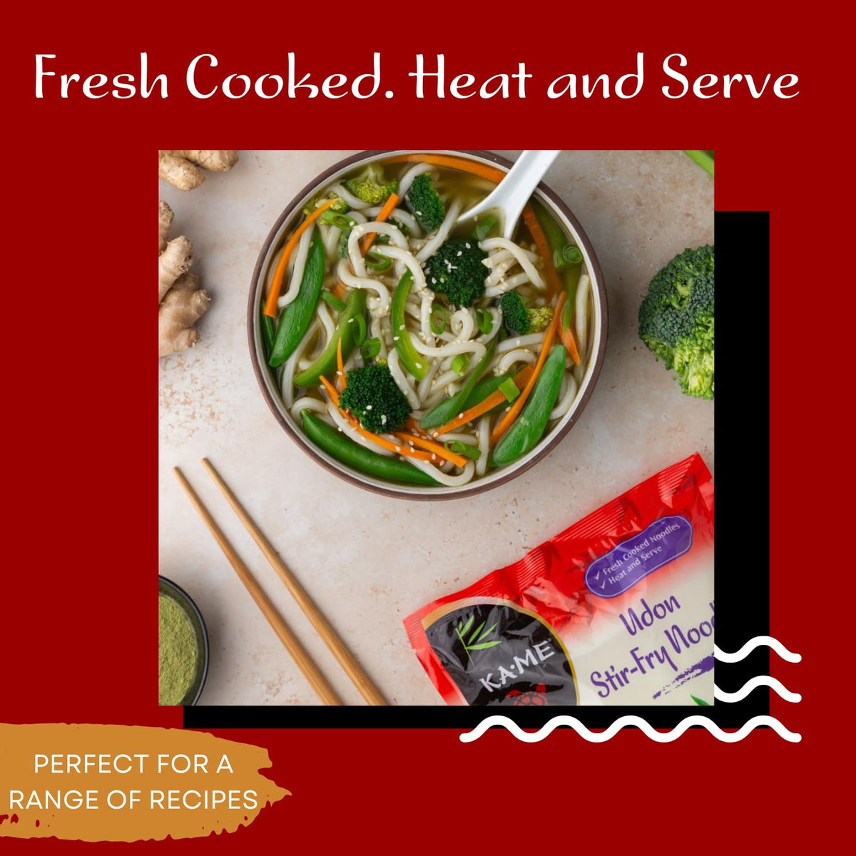 KA-ME Udon Noodles microwave-ready for serve-ready meals.