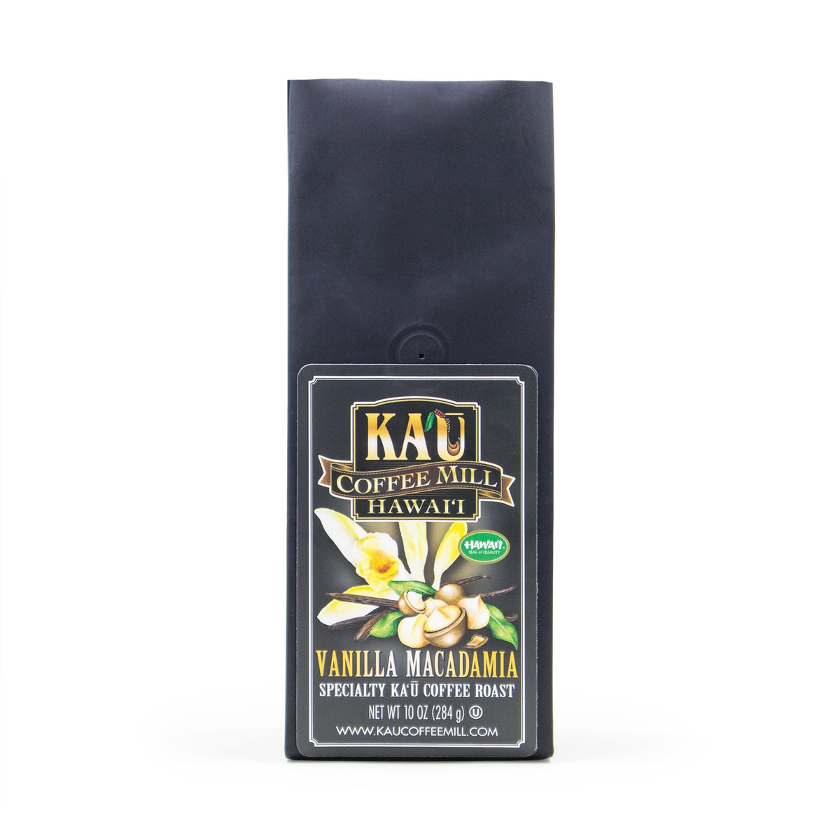 KA`U Coffee Mill Hawai`i Vanilla Macadamia Nut ground coffee bag showcases premium island flavor.