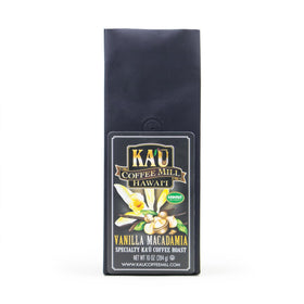 KA`U Coffee Mill Hawai`i Vanilla Macadamia Nut ground coffee bag showcases premium island flavor.