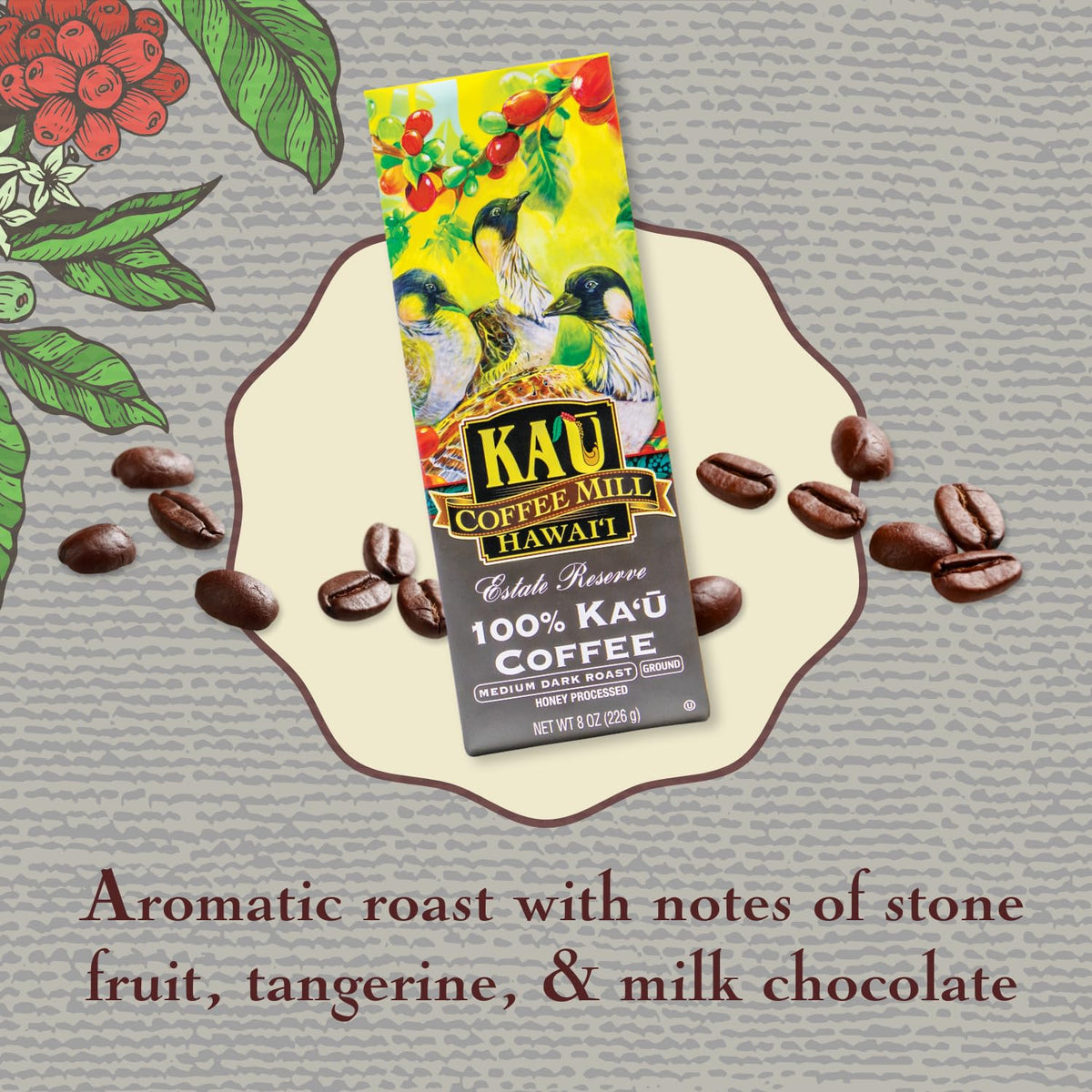 Ka'u Coffee Mill small-batch roast 8oz pack delivering rich aroma and body.