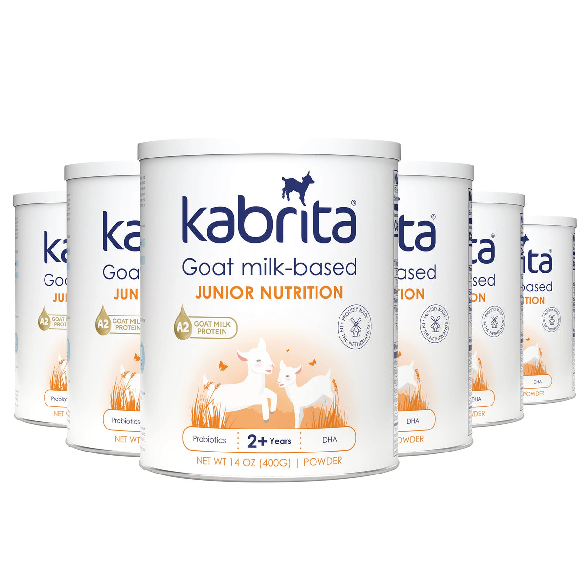 Kabrita Junior goat milk powder canister showing non-GMO formula for easy digestion.