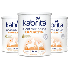 Kabrita Junior goat milk powder tin 14oz – easy to scoop for mornings.
