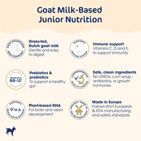 Kabrita Junior nutrition label highlights key nutrients for growing kids.