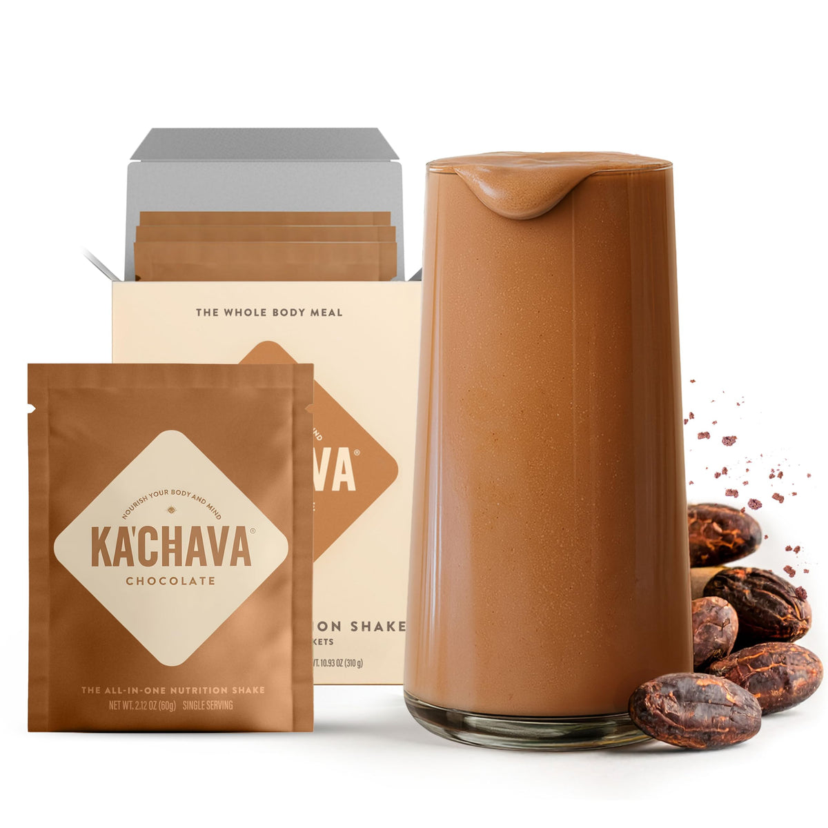 Ka’Chava chocolate shake in glass shows creamy texture for a satisfying meal replacement.