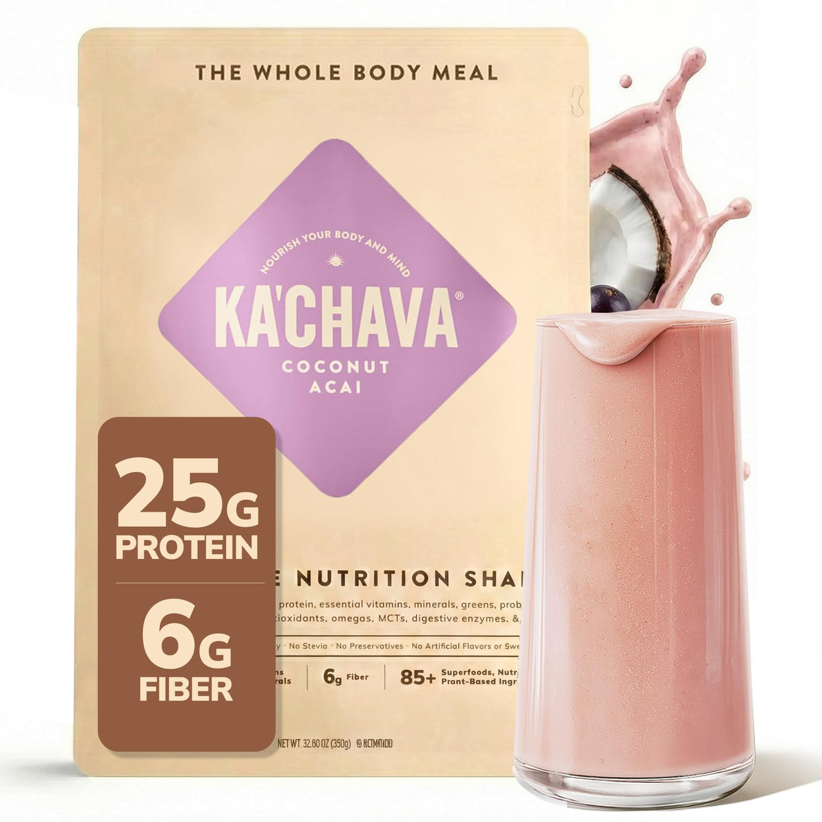 Ka’Chava Coconut Acai shake in glass, creamy plant-based meal option for busy days.