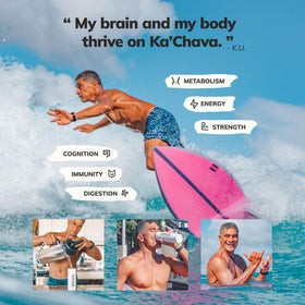 Ka’Chava Coconut Acai tub with measuring scoop on kitchen counter for convenient use.