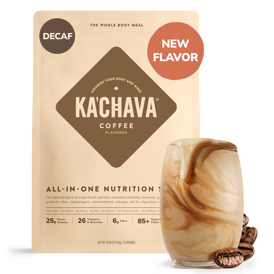 Ka’Chava Coffee Shake in glass, creamy plant-based meal replacement.