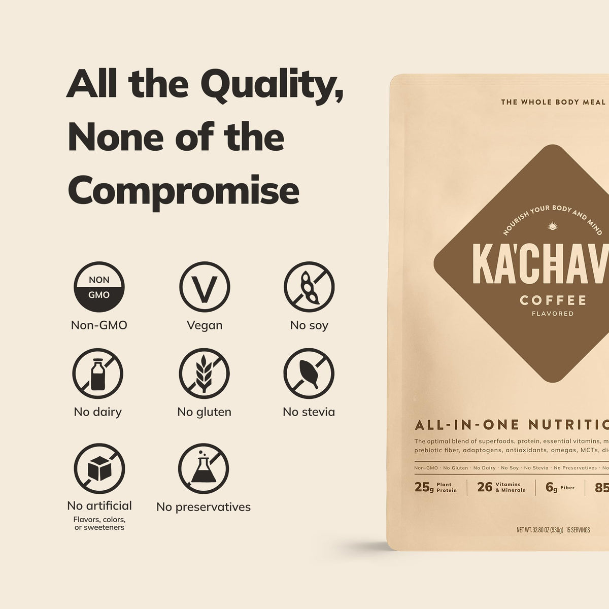 Ka’Chava Coffee Shake tub front, non-GMO vegan protein powder fuels daily nutrition.