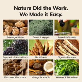 Vegan, gluten-free Ka’Chava shake served with greens and superfoods imagery.
